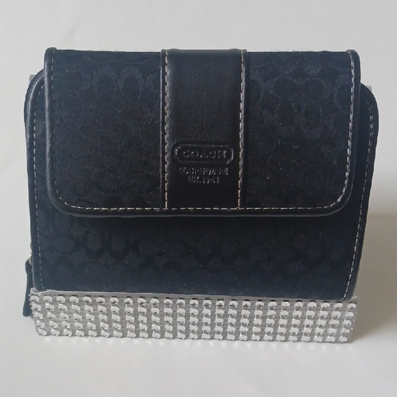 Coach Handbags - Coach Black and Silver Compact Wallet with Flap Closure